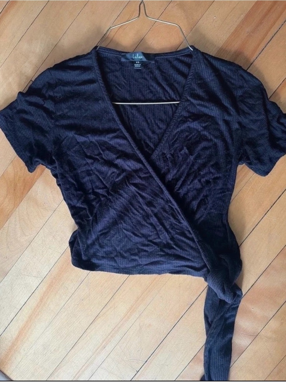 Lulu's Black Short Sleeve Wrap Crop Top with Waist Tie